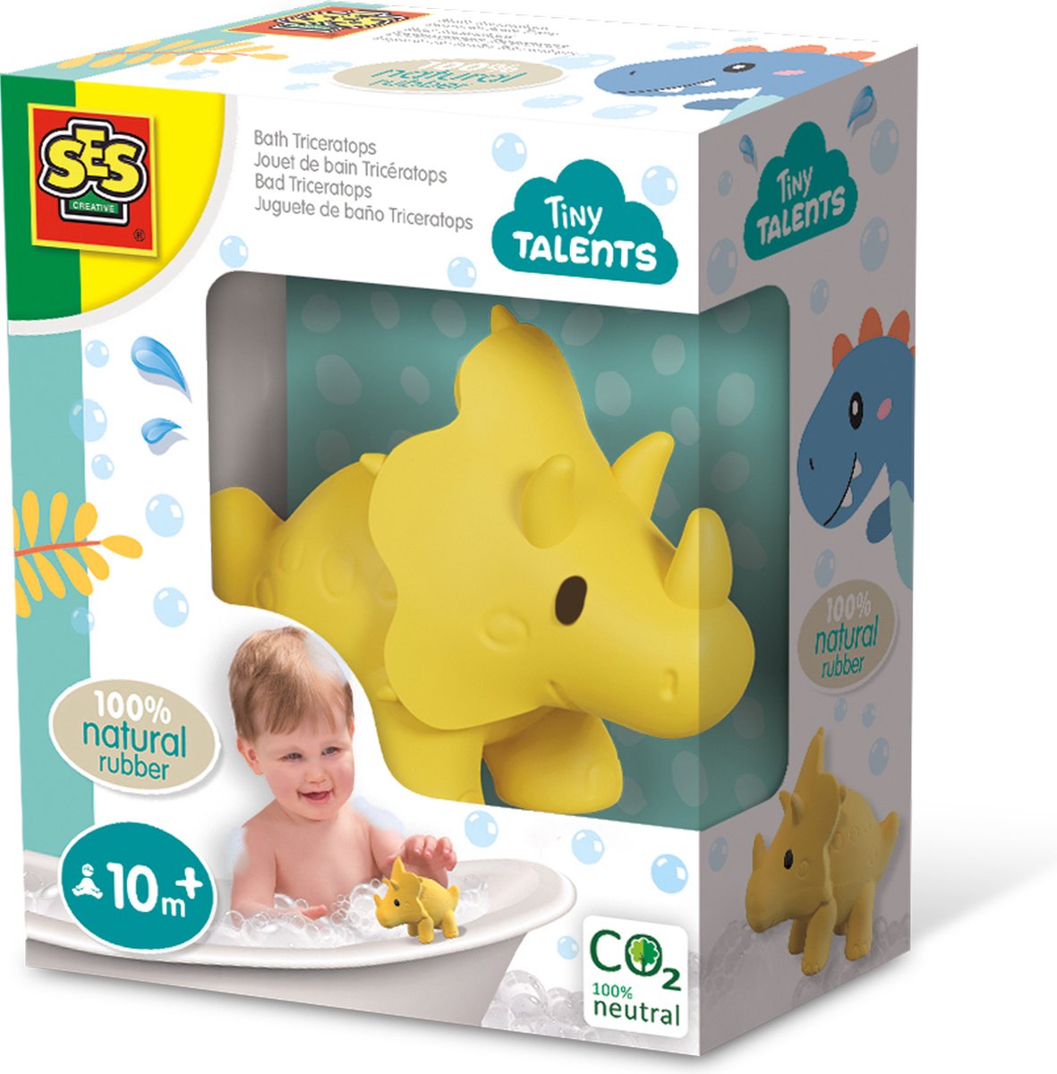 SES Tiny Talents Badspeelgoed Triceratops 100% natuurlijk rubber dino zacht en veilig materiaal ftalaat- en PVC vrij gesloten speeltje Speelgoed 1 jaar