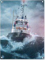 Tuinschilderij Zee - Boot - Storm - Vuurtoren - 60x80 cm - Tuinposter - Tuindoek - Buitenposter