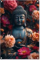 Tuinposter Boeddha - Tuindecoratie Buddha beeld - 60x90 cm - Tuindoek bloemen - Muurdecoratie voor buiten - Schuttingposter - Tuinschilderijen - Tuinwanddecoratie - Tuinposters