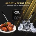 Thermometer steekt in gebakken kip op bord en in glas met ijswater, met temperatuurbereik van -20c tot 100c.