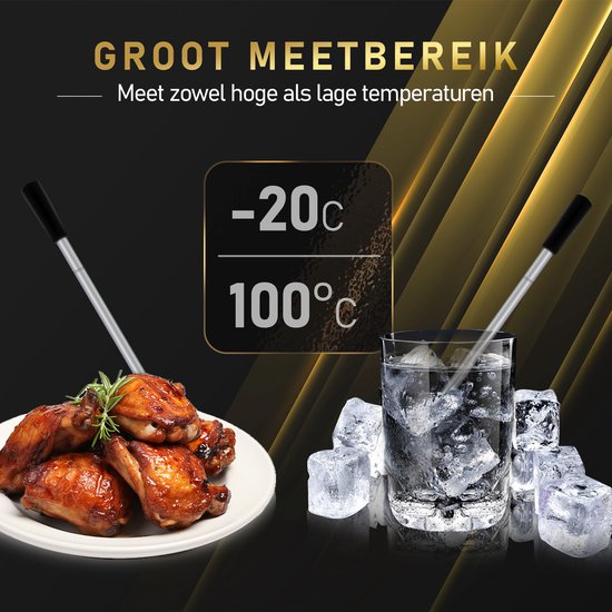 Thermometer steekt in gebakken kip op bord en in glas met ijswater, met temperatuurbereik van -20c tot 100c.