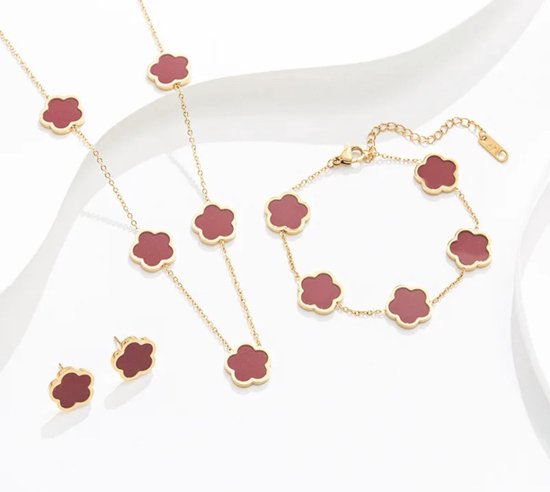 Soraro Klaver Ketting,Armband&Oorbel Set | Goldplated | Rood | Armband | Klavertje 5 | Geluk | Ketting | Oorbel | Dames Cadeau