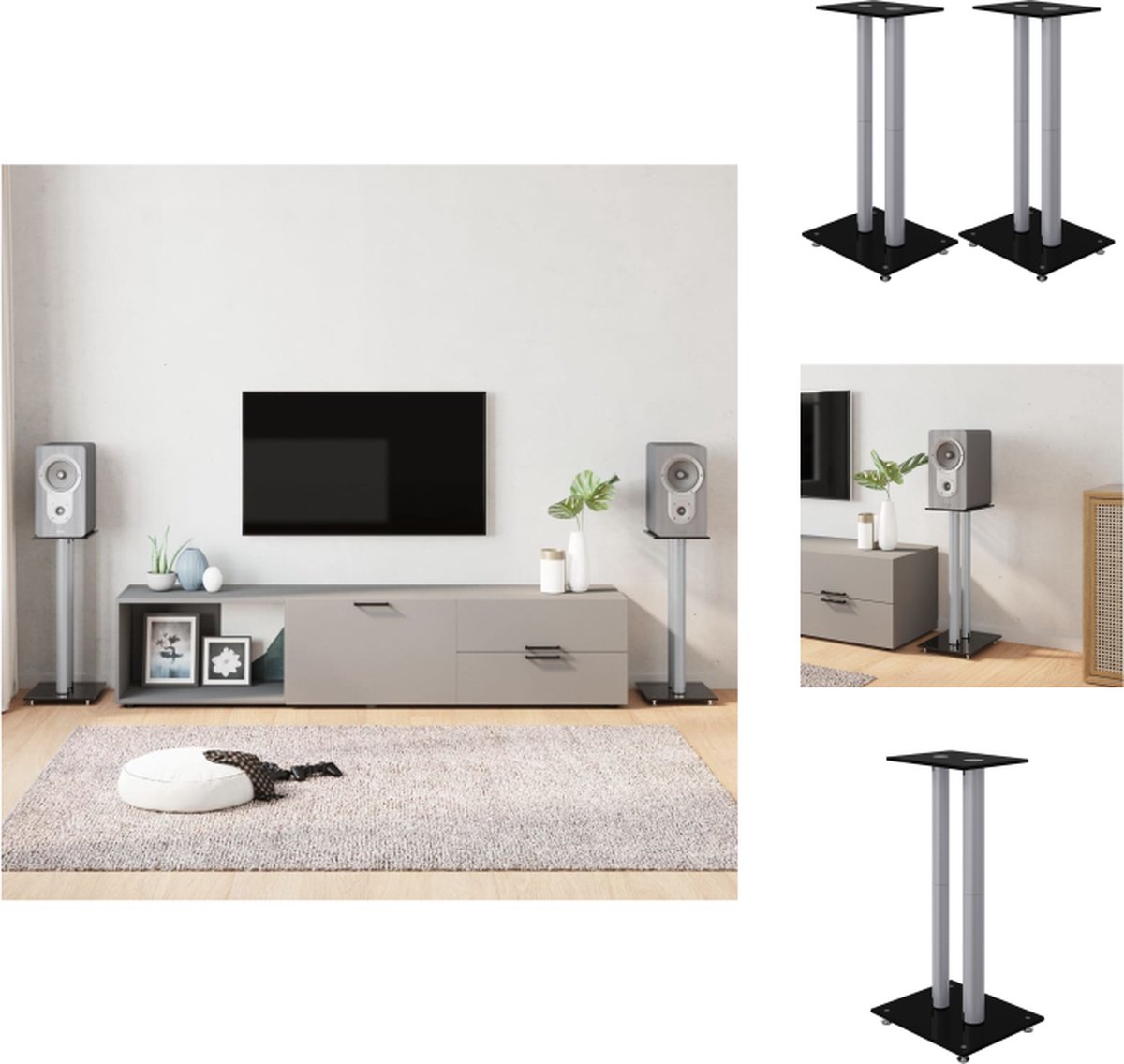 vidaXL speakerstands - vrijstaande geluidssysteem luidsprekerstandaards - 30 x 25 x 65 cm - aluminium en gehard glas - Speaker stands