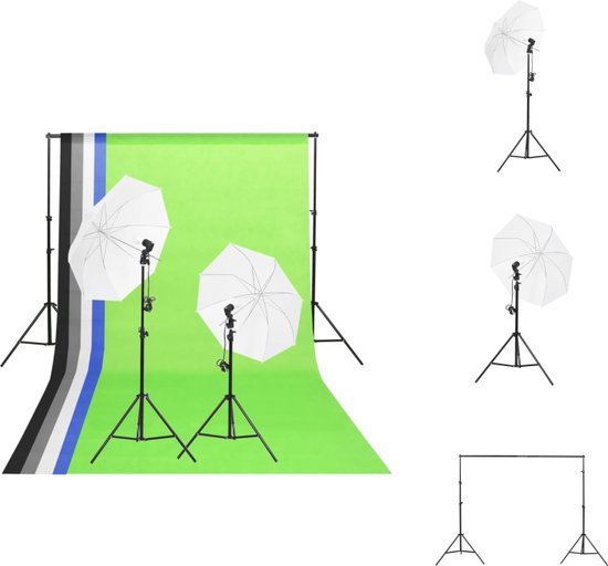vidaXL Verlichtingsset fotostudio - Achtergrondset 300 cm - Energiezuinige LED-lampen - Natuurlijke verlichting - Geschikt voor analoge en digitale fotografie - Zachte lichtinval - Zwart - Aluminium frame - Draagtas - Fotostudio Set - vidaXL