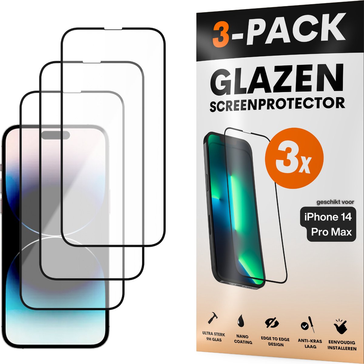 Screenprotector - Geschikt voor iPhone 14 Pro Max - Gehard Glas - Full Cover Tempered Glass - Case Friendly - 3 Pack