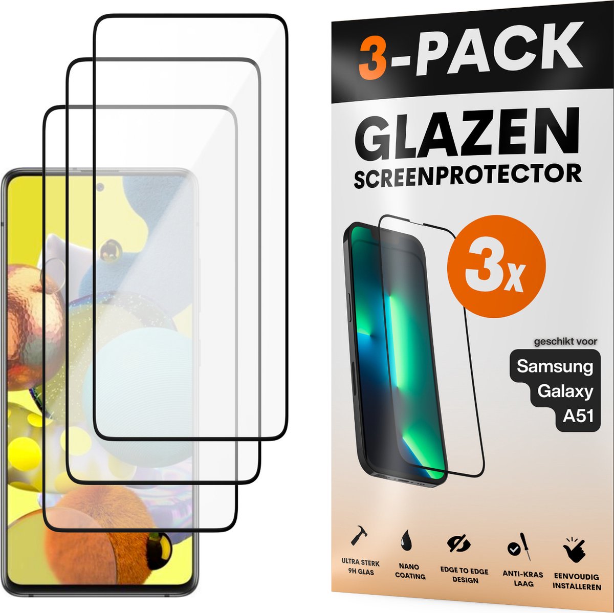 Screenprotector - Geschikt voor Samsung Galaxy A51 - Gehard Glas - Full Cover Tempered Glass - Case Friendly - 3 Pack