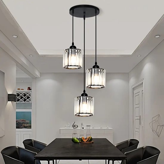 LuxiLamps - Lampe suspendue 3 rondes en cristal - Lustre Zwart - E27 - Pour Cuisine ou salle à manger - Lampe suspendue moderne