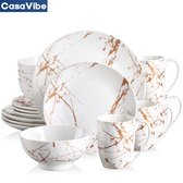 CasaVibe Luxe Serviesset – 16 delig – 4 persoons – Porselein - Bordenset – Dinner platen – Dessertborden - Kommen - Mokken - Set - Wit - Goud