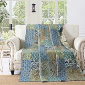 Sprei, patchwork, 150 x 200 cm, voor eenpersoonsbed, quilt, patchwork-deken van katoen, vintage stijl, tweezijdig design, gewatteerde deken met zomers patroon