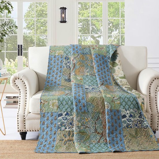 Sprei, patchwork, 150 x 200 cm, voor eenpersoonsbed, quilt, patchwork-deken van katoen, vintage stijl, tweezijdig design, gewatteerde deken met zomers patroon