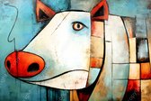 JJ-Art (Canvas) 90x60 | Varken, abstract kubisme, surrealisme, kleurrijk, kunst | dier, blauw, bruin, rood, wit, modern | Foto-Schilderij canvas print (wanddecoratie)