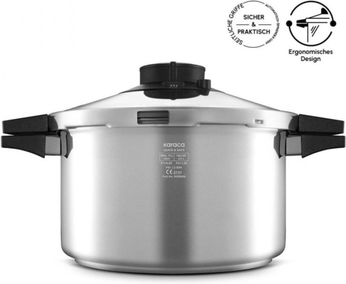Karaca Snelkookpan Snel en Veilig, 7 liter - Innovatieve stalen snelkookpan voor snel en veilig koken, 24 cm diameter