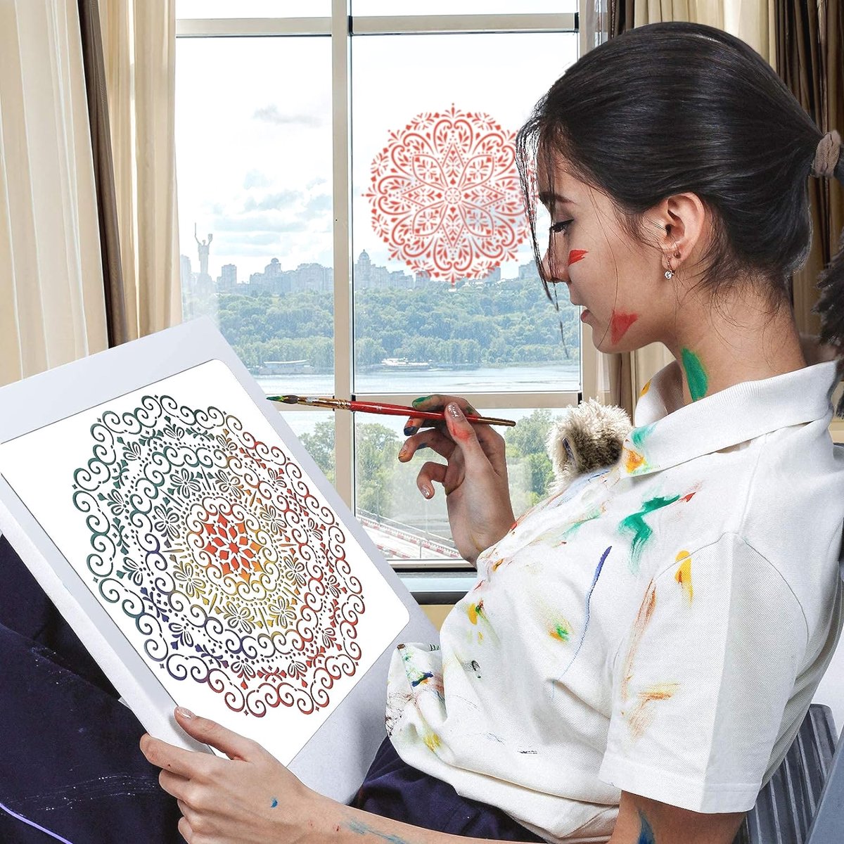 NAKLEO Mandala Grote Sjabloon Schilderen, Diameter 240 cm, Oosters Cirkel Ornament Stencil, Herbruikbaar Kunststof Sjabloon, Art Kunst DIY, Groot Geometrisch Patroon voor schilderen Muur Vloer Hout