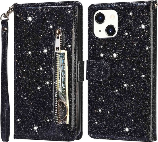 Étui portefeuille - Étui portefeuille - Fermeture éclair à Glitter scintillantes - Étui de téléphone avec Kord Convient pour : Apple iPhone 14 - Zwart