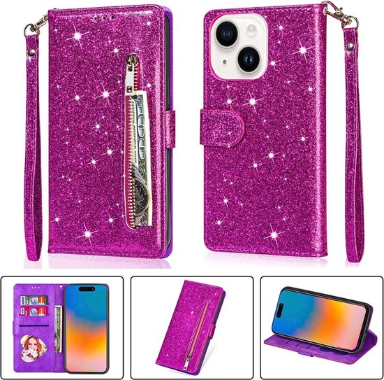 Étui portefeuille - Étui portefeuille - Fermeture éclair à Glitter scintillantes - Étui de téléphone avec Kord Convient pour : Apple iPhone 15 - Violet