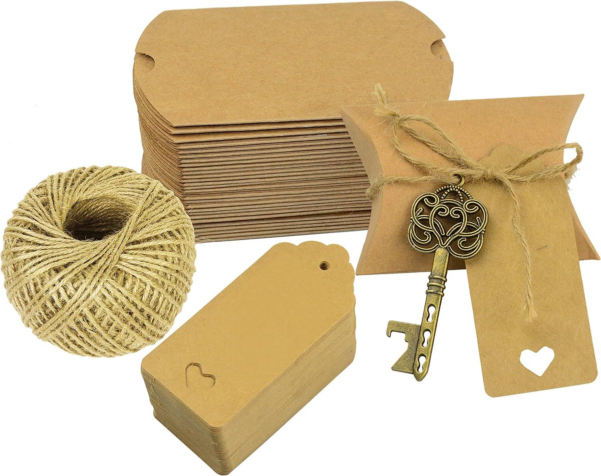 50 stks Vintage Rustiek Bruiloft Cadeau Souvenir Set met Skelet Sleutel Flesopeners, Bonbondoos, Bedankt Label, Jute Touw (Antiek Brons)