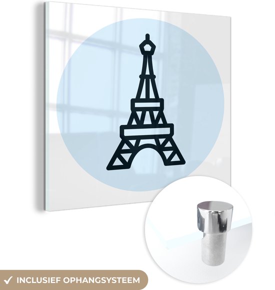 MuchoWow® Glasschilderij 20x20 cm - Schilderij acrylglas - Parijs - Eiffeltoren - Blauw - Foto op glas - Schilderijen