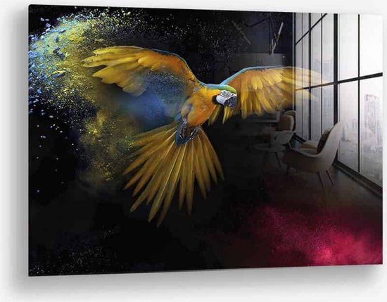 Wallfield™ - Parrot couleur | Peinture sur verre | Verre trempé | 80 x 120 cm | Peintures animalières | Peinture de salon perroquet | Vogel coloré | Moderne / Industriel | Système de suspension magnétique