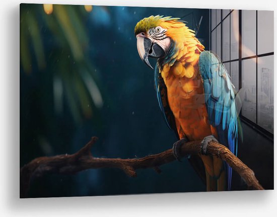 Wallfield™ - Pride Parrot | Glasschilderij | Muurdecoratie / Wanddecoratie | Gehard glas | 80 x 120 cm | Dieren schilderijen | Papegaai Woonkamer / Slaapkamer Schilderij | Kleurrijke Vogel | Modern / Industrieel | Magnetisch Ophangsysteem