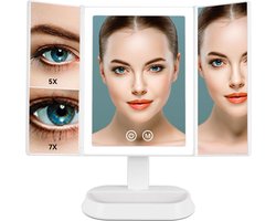 Make-up spiegel met LED-Verlichting en Touchscreen, Drievoudig 1x 5x 7x Vergroting, 90 ° Verstelbare Rotatie, Werkt op Batterijen en USB, Aanrecht Cosmetische Spiegel (Wit)