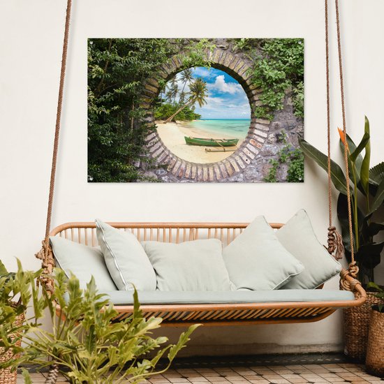 Jardin - Palmier - Vue - Pierre - Canoë - Toile de clôture - 120x80 cm - Affiche de jardin - Toile de jardin