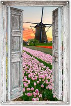 Tuinposter - Tuin - Doorkijk - Molen - Tulpen - 80x120 cm - Tuinschilderij - Doorkijk tuinposter - Tuindoek - Buitenposter