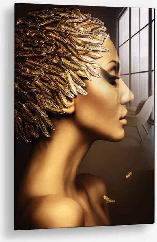 Wallfield™ - Femme Feather | Peinture sur verre | Verre trempé | 40 x 60 cm | Système de suspension magnétique