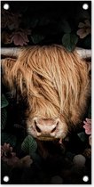 Tuinposter Schotse hooglander - Koe - Bladeren - 30x60 cm - Tuindoek - Buitenposter