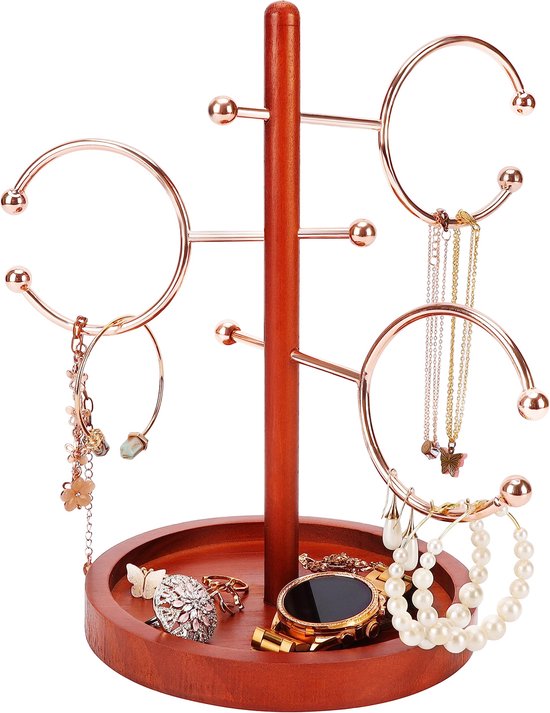 Belle Vous 4 Laags Sieraden Organizer Standaard - 26,5 cm - Armband, Ketting, Ringen, Horloges & Oorbellen Sieraden Houder Boom met Houten Opslag Basis & Metalen Hangende Rekken