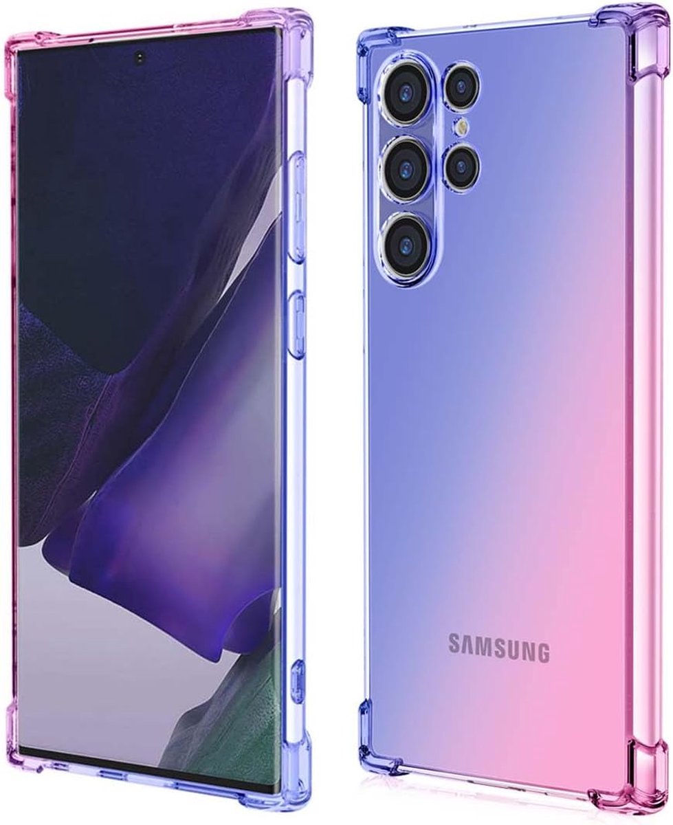 Geschikt voor Samsung Galaxy S24 Ultra - Schokbestending - Siliconen Bumper Hoesje - Blauw / Roze