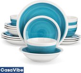 CasaVibe Luxe Serviesset – 16 delig – 4 persoons – Porselein - Bordenset – Dinner platen – Dessertborden - Kommen - Mokken - Set - Blauw - Wit - Ori