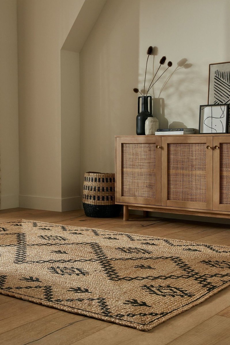 flycarpets Rowen Patterned Modern Laagpolig - Jute Vloerkleed - Naturel / Beige / Zwart - 200x290 cm