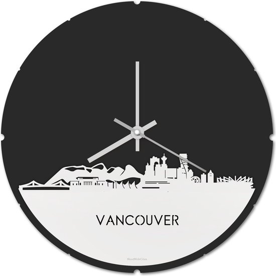 Skyline Klok Rond Vancouver Wit Glanzend - Ø 44 cm - Stil uurwerk - Wanddecoratie - Meer steden beschikbaar - Woonkamer idee - Woondecoratie - City Art - Steden kunst - Cadeau voor hem - Cadeau voor haar - Jubileum - Trouwerij - Housewarming -