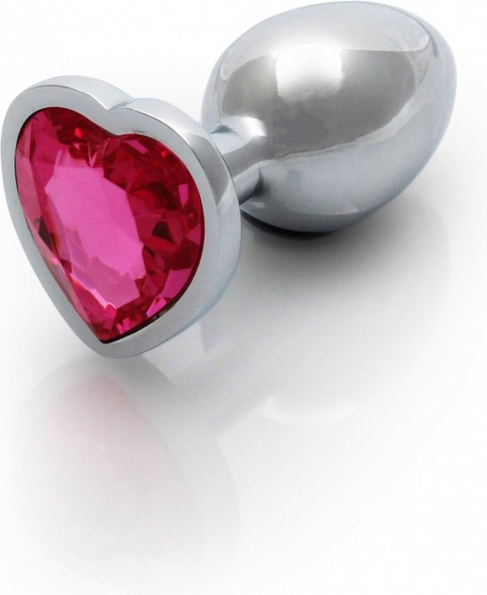 Shots - Ouch! OU799SIL - Heart Gem Butt Plug - Small - Silver / Rubellite Pink