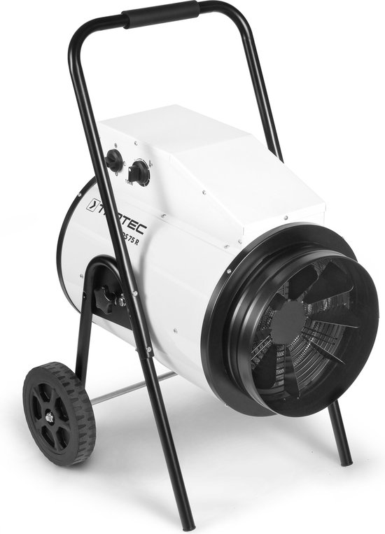 Trotec TDS 75 R elektrische kachel in driekwart aanzicht met zwarte handgreep en wielen.