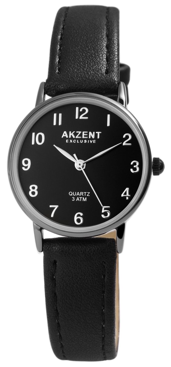Akzent-Dames horloge-Analoog-Rond-28MM-Zwarte kast-Zwart lederen band.