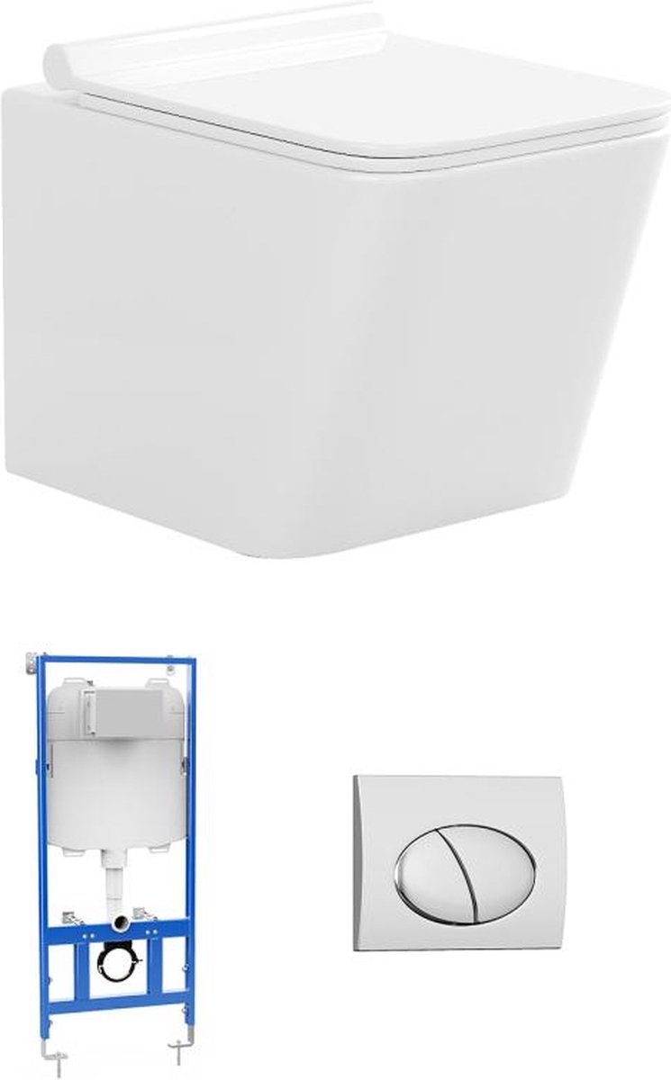 Set voor witte hang-wc met voorwandsysteem en chroomkleurige ovalen bedieningsplaat - CLEMONA L 35.5 cm x H 34 cm x D 51.5 cm
