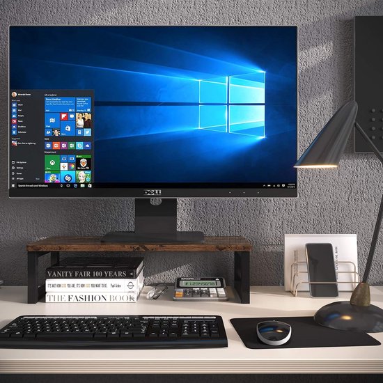 Relaxdays monitorstandaard, in hoogte verstelbaar, HxBxD: 16 x 42 x 26,5 cm, schermverhoger voor bureau, naturel/zwart