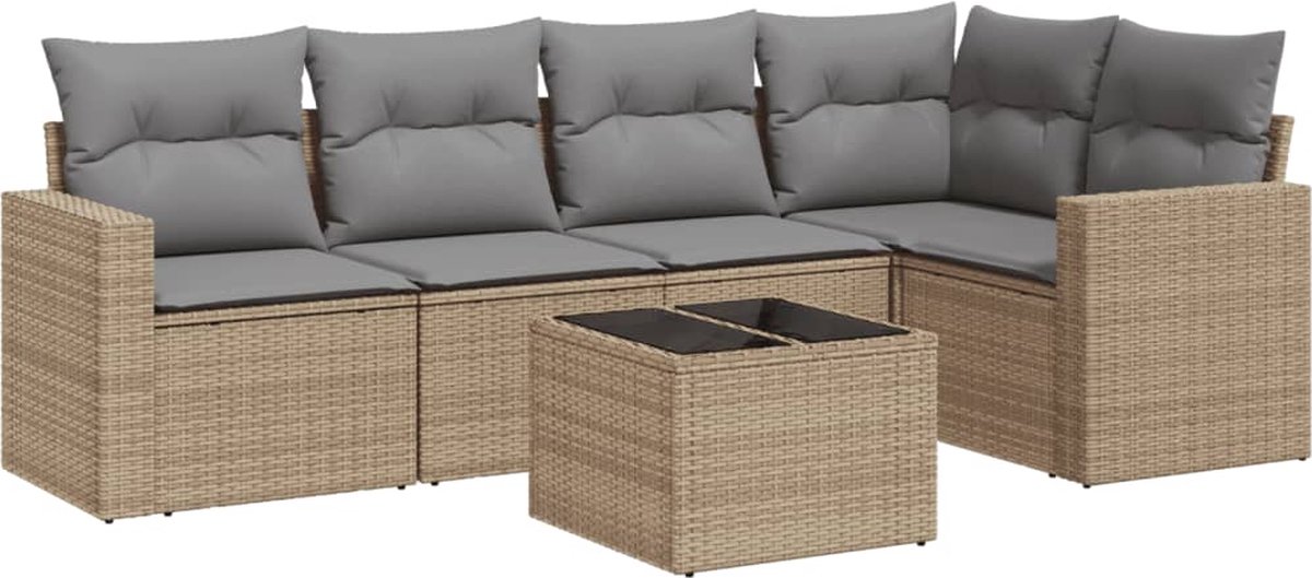 vidaXL 6-delige - Loungeset - met - kussens - poly - rattan - beige
