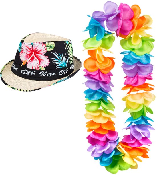 Ensemble d'habillage de party à thème hawaïen - Chapeau de paille Trilby - Mélange de couleurs de couronne florale - Toppers Tropical - pour adultes