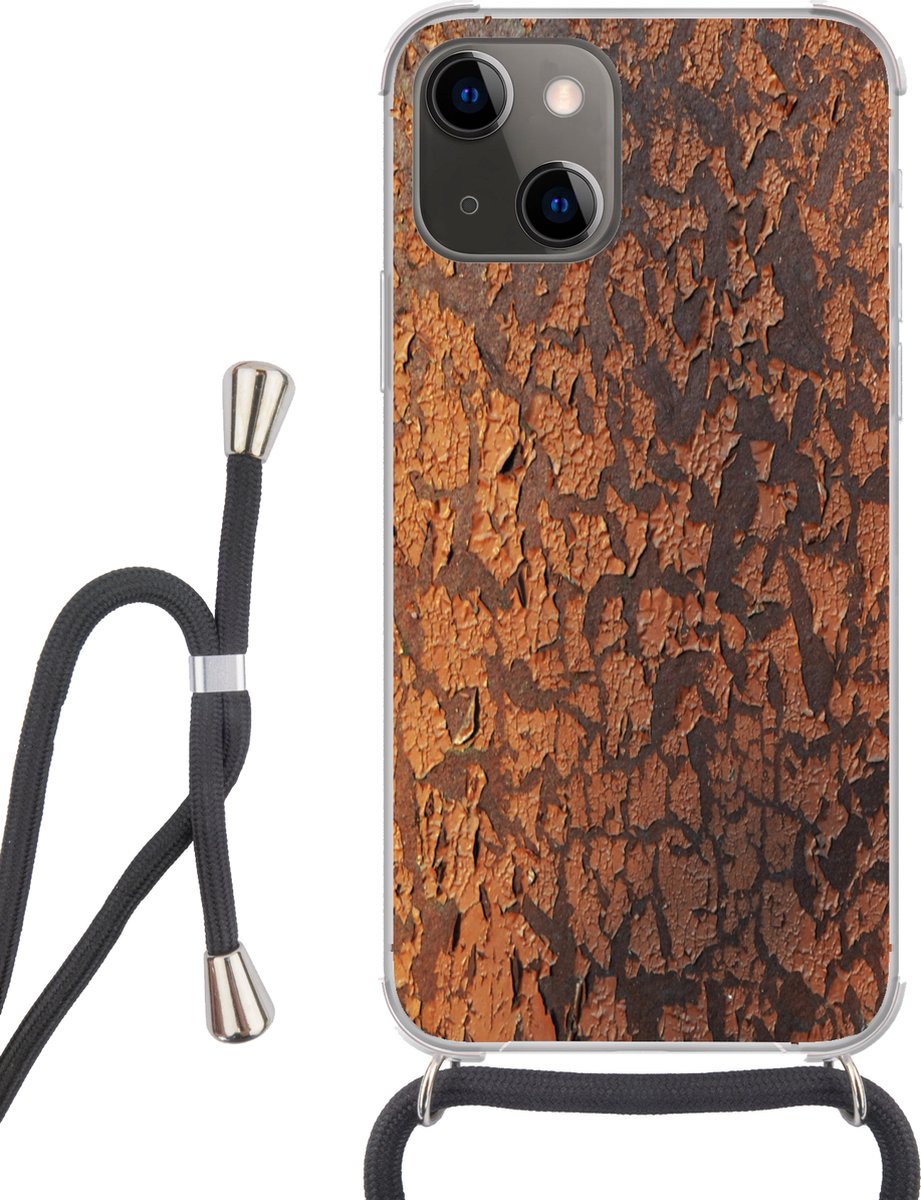 Telefoonhoesje Geschikt voor iPhone 13 - Roest print - Bruin - Oranje - Metaal - Patroon - Structuur - Siliconen - Crossbody - Backcover met Koord - Telefoonhoesje met koord - Hoesje met touw Telefoonhoesje