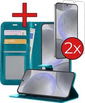 Hoesje Geschikt voor Samsung S24 Hoesje Book Case Hoes Portemonnee Cover Walletcase Met 2x Screenprotector - Hoes Geschikt voor Samsung Galaxy S24 Hoes Bookcase Hoesje - Turquoise