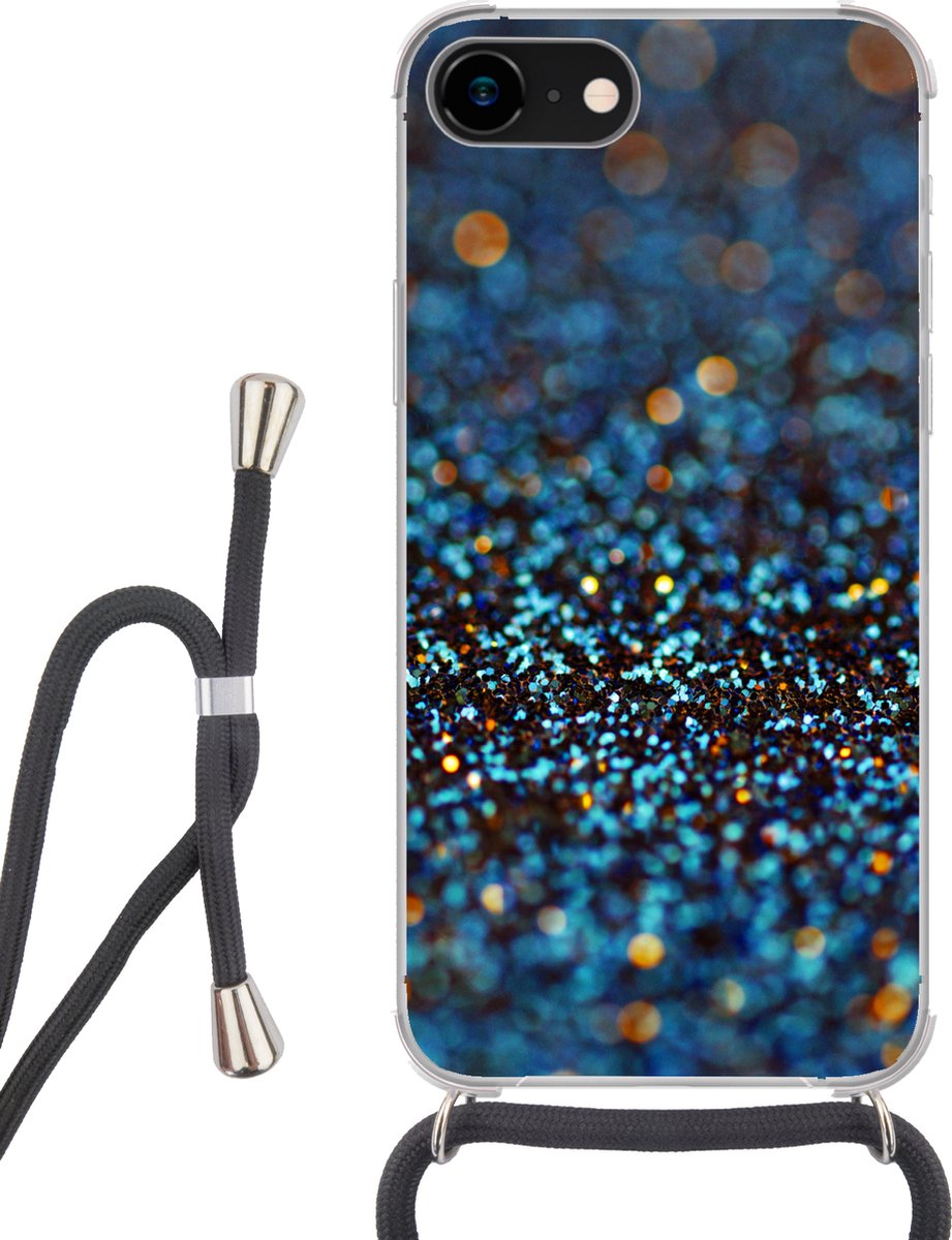 Telefoonhoesje Geschikt voor iPhone 7 - Glitter - Blauw - Abstract - Design - Siliconen - Crossbody - Backcover met Koord - Telefoonhoesje met koord - Hoesje met touw Telefoonhoesje