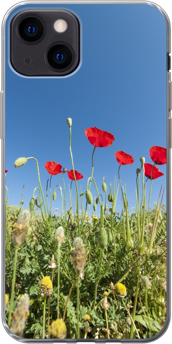 Telefoonhoesje Geschikt voor iPhone 13 hoesje - Rode klaprozen onder en knalblauwe hemel in Turkije - Siliconen Telefoonhoesje Telefoonhoesje