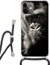 Hoesje met koord Geschikt voor iPhone 12 Mini - Gorilla op zwarte achtergrond in zwart-wit - Siliconen - Crossbody - Backcover met Koord - Telefoonhoesje met koord - Hoesje met touw