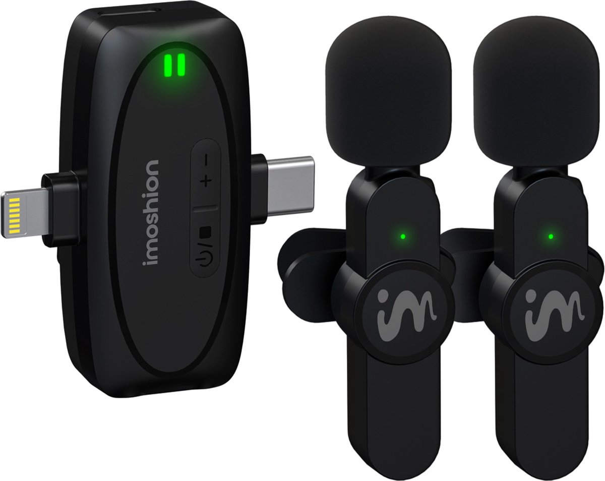 iMoshion 2-pack Clip-On Microfoon voor telefoon - Wireless Mini Microphone - 50 Meter Bereik - Geschikt voor Lightning, AUX en USB-C - Voor o.a. Vlog en Livestream - Draadloos