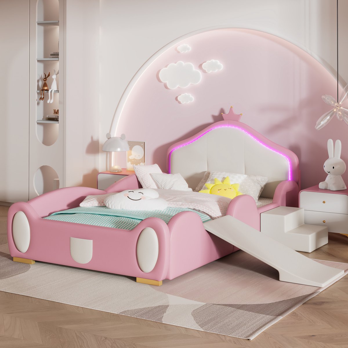 Crown Cartoon Bed met Multi-mode LED-strip - Gestoffeerd bed Kinderbed met kleine glijbaan en trap - Met beschermende zachte randen - Met houten latten - PU Roze + Beige - 90x200cm