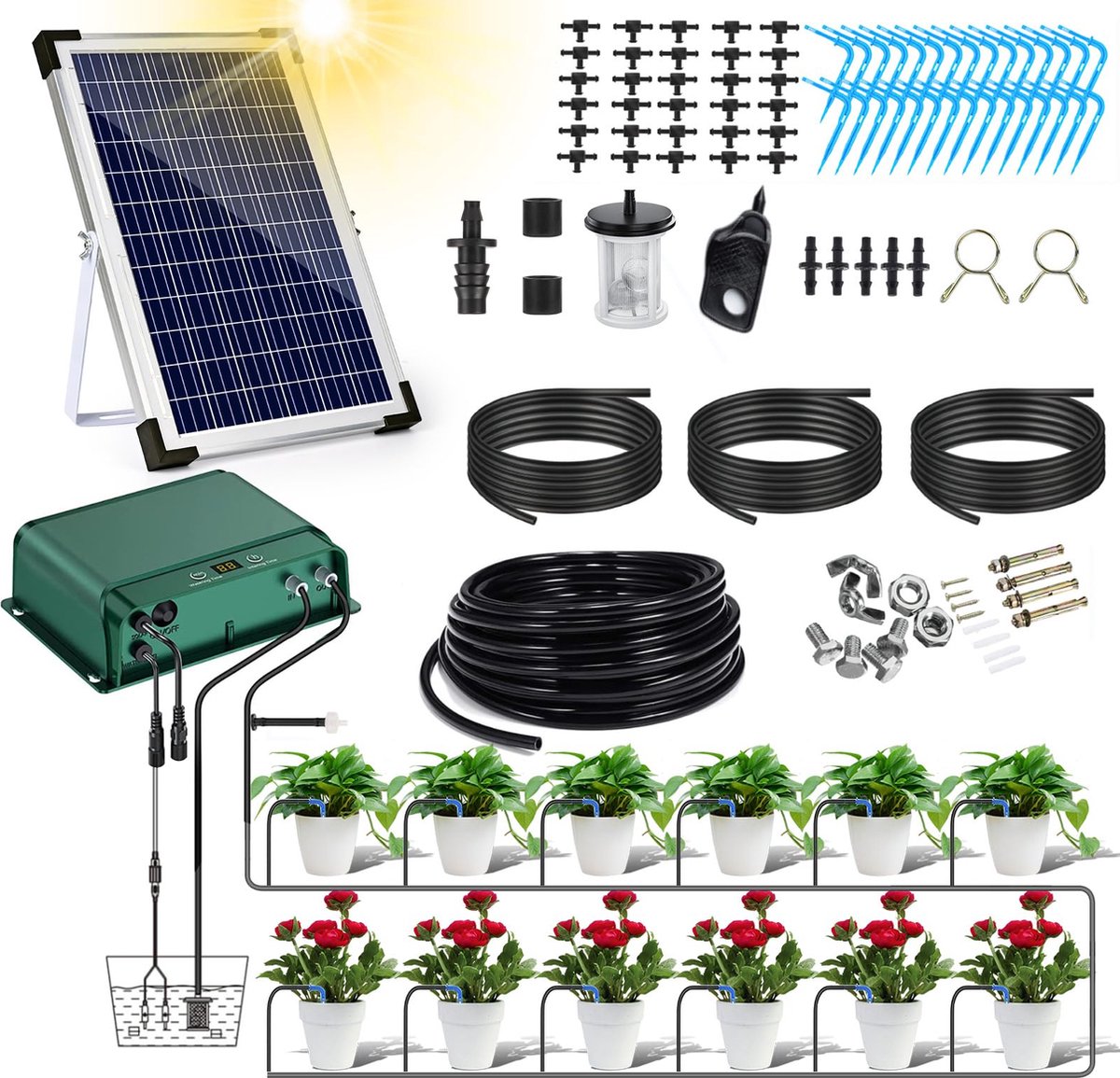 Beroli - Czemo - Solar Bewateringssysteem - Zonne-Energie - Automatisch met timer - Waterdruppelaar voor Planten - Watergeefsysteem - Bruikbaar voor alle soorten planten