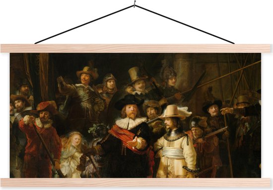Posterhanger incl. Poster - Schoolplaat - De Nachtwacht - Schilderij van Rembrandt van Rijn - 150x75 cm - Blanke latten