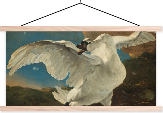 Posterhanger incl. Poster - Schoolplaat - De bedreigde zwaan - Schilderij van Jan Asselijn - 150x75 cm - Blanke latten